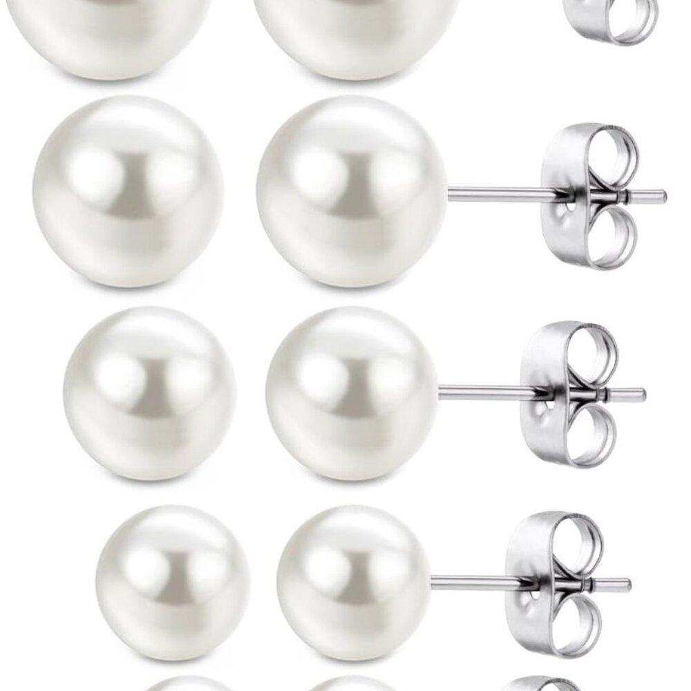 Faux Pearl Stud Earrings 5 Pairs, Stainless Steel Hypoallergenic Starter Set for